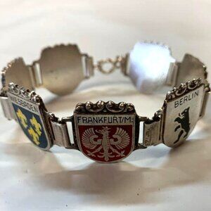 Metal Souvenir Germany 7 Cities Crest Shield Enamel Panel Link Bracelet 7"
